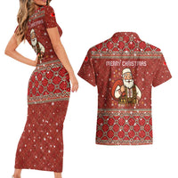 Albania Christmas Couples Matching Short Sleeve Bodycon Dress and Hawaiian Shirt with Red Geometric Design, Golden Double-Headed Eagle, and Santa Motif - Wonder Print Shop