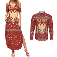 Albania Christmas Couples Matching Summer Maxi Dress and Long Sleeve Button Shirt with Red Geometric Design, Golden Double-Headed Eagle, and Santa Motif - Wonder Print Shop