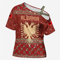 Albania Christmas Cross Shoulder Shirt with Red Geometric Design, Golden Double-Headed Eagle, and Santa Motif - Wonder Print Shop