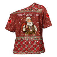 Albania Christmas Cross Shoulder Shirt with Red Geometric Design, Golden Double-Headed Eagle, and Santa Motif - Wonder Print Shop