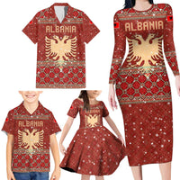 Albania Christmas Family Matching Long Sleeve Bodycon Dress and Hawaiian Shirt with Red Geometric Design, Golden Double-Headed Eagle, and Santa Motif - Wonder Print Shop