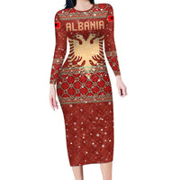 Albania Christmas Family Matching Long Sleeve Bodycon Dress and Hawaiian Shirt with Red Geometric Design, Golden Double-Headed Eagle, and Santa Motif - Wonder Print Shop