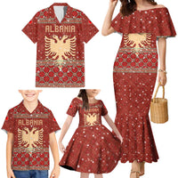 Albania Christmas Family Matching Mermaid Dress and Hawaiian Shirt with Red Geometric Design, Golden Double-Headed Eagle, and Santa Motif - Wonder Print Shop