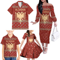 Albania Christmas Family Matching Off The Shoulder Long Sleeve Dress and Hawaiian Shirt with Red Geometric Design, Golden Double-Headed Eagle, and Santa Motif - Wonder Print Shop