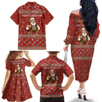 Albania Christmas Family Matching Off The Shoulder Long Sleeve Dress and Hawaiian Shirt with Red Geometric Design, Golden Double-Headed Eagle, and Santa Motif - Wonder Print Shop