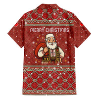 Albania Christmas Family Matching Off The Shoulder Long Sleeve Dress and Hawaiian Shirt with Red Geometric Design, Golden Double-Headed Eagle, and Santa Motif - Wonder Print Shop