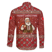 Albania Christmas Family Matching Off The Shoulder Long Sleeve Dress and Hawaiian Shirt with Red Geometric Design, Golden Double-Headed Eagle, and Santa Motif - Wonder Print Shop