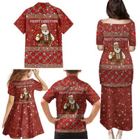 Albania Christmas Family Matching Puletasi and Hawaiian Shirt with Red Geometric Design, Golden Double-Headed Eagle, and Santa Motif - Wonder Print Shop