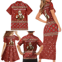 Albania Christmas Family Matching Short Sleeve Bodycon Dress and Hawaiian Shirt with Red Geometric Design, Golden Double-Headed Eagle, and Santa Motif - Wonder Print Shop