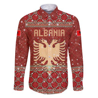 Albania Christmas Family Matching Short Sleeve Bodycon Dress and Hawaiian Shirt with Red Geometric Design, Golden Double-Headed Eagle, and Santa Motif - Wonder Print Shop
