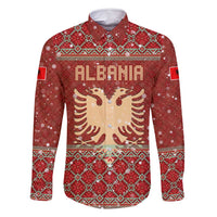 Albania Christmas Family Matching Summer Maxi Dress and Hawaiian Shirt with Red Geometric Design, Golden Double-Headed Eagle, and Santa Motif - Wonder Print Shop