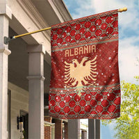 Albania Christmas Garden Flag with Red Geometric Design, Golden Double-Headed Eagle, and Santa Motif - Wonder Print Shop