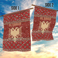 Albania Christmas Garden Flag with Red Geometric Design, Golden Double-Headed Eagle, and Santa Motif - Wonder Print Shop