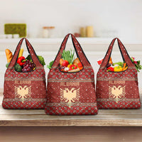 Albania Christmas Grocery Bag with Red Geometric Design, Golden Double-Headed Eagle, and Santa Motif - Wonder Print Shop
