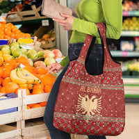 Albania Christmas Grocery Bag with Red Geometric Design, Golden Double-Headed Eagle, and Santa Motif - Wonder Print Shop