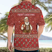 Albania Christmas Hawaiian Shirt with Red Geometric Design, Golden Double-Headed Eagle, and Santa Motif - Wonder Print Shop