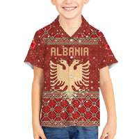 Albania Christmas Hawaiian Shirt with Red Geometric Design, Golden Double-Headed Eagle, and Santa Motif - Wonder Print Shop