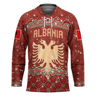 Albania Christmas Hockey Jersey with Red Geometric Design, Golden Double-Headed Eagle, and Santa Motif - Wonder Print Shop