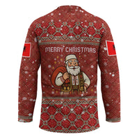 Albania Christmas Hockey Jersey with Red Geometric Design, Golden Double-Headed Eagle, and Santa Motif - Wonder Print Shop