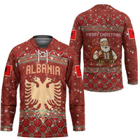 Albania Christmas Hockey Jersey with Red Geometric Design, Golden Double-Headed Eagle, and Santa Motif - Wonder Print Shop