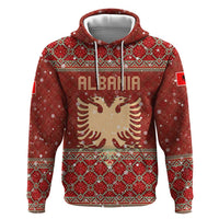 Albania Christmas Hoodie with Red Geometric Design, Golden Double-Headed Eagle, and Santa Motif - Wonder Print Shop