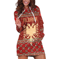 Albania Christmas Hoodie Dress with Red Geometric Design, Golden Double-Headed Eagle, and Santa Motif - Wonder Print Shop