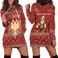 Albania Christmas Hoodie Dress with Red Geometric Design, Golden Double-Headed Eagle, and Santa Motif - Wonder Print Shop