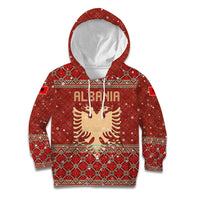 Albania Christmas Kid Hoodie with Red Geometric Design, Golden Double-Headed Eagle, and Santa Motif - Wonder Print Shop