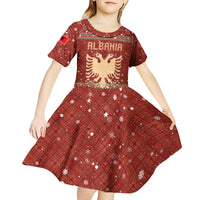 Albania Christmas Kid Short Sleeve Dress with Red Geometric Design, Golden Double-Headed Eagle, and Santa Motif - Wonder Print Shop