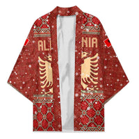 Albania Christmas Kimono with Red Geometric Design, Golden Double-Headed Eagle, and Santa Motif - Wonder Print Shop