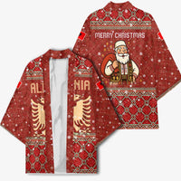 Albania Christmas Kimono with Red Geometric Design, Golden Double-Headed Eagle, and Santa Motif - Wonder Print Shop
