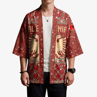 Albania Christmas Kimono with Red Geometric Design, Golden Double-Headed Eagle, and Santa Motif - Wonder Print Shop