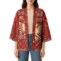 Albania Christmas Kimono with Red Geometric Design, Golden Double-Headed Eagle, and Santa Motif - Wonder Print Shop