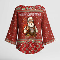 Albania Christmas Kimono Sleeve Blouse with Red Geometric Design, Golden Double-Headed Eagle, and Santa Motif - Wonder Print Shop