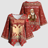 Albania Christmas Kimono Sleeve Blouse with Red Geometric Design, Golden Double-Headed Eagle, and Santa Motif - Wonder Print Shop
