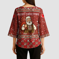 Albania Christmas Kimono Sleeve Blouse with Red Geometric Design, Golden Double-Headed Eagle, and Santa Motif - Wonder Print Shop