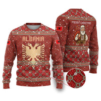 Albania Christmas Ugly Christmas Sweater with Red Geometric Design, Golden Double-Headed Eagle, and Santa Motif - Wonder Print Shop