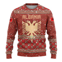 Albania Christmas Ugly Christmas Sweater with Red Geometric Design, Golden Double-Headed Eagle, and Santa Motif - Wonder Print Shop