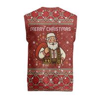 Albania Christmas Knitted V-Neck Vest with Red Geometric Design, Golden Double-Headed Eagle, and Santa Motif - Wonder Print Shop