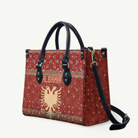 Albania Christmas Leather Bag with Red Geometric Design, Golden Double-Headed Eagle, and Santa Motif - Wonder Print Shop