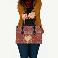 Albania Christmas Leather Bag with Red Geometric Design, Golden Double-Headed Eagle, and Santa Motif - Wonder Print Shop