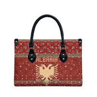 Albania Christmas Leather Bag with Red Geometric Design, Golden Double-Headed Eagle, and Santa Motif - Wonder Print Shop
