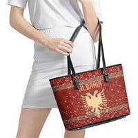 Albania Christmas Leather Tote Bag with Red Geometric Design, Golden Double-Headed Eagle, and Santa Motif - Wonder Print Shop