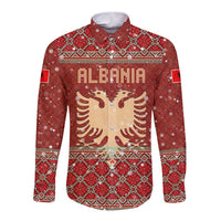 Albania Christmas Long Sleeve Button Shirt with Red Geometric Design, Golden Double-Headed Eagle, and Santa Motif - Wonder Print Shop