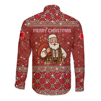 Albania Christmas Long Sleeve Button Shirt with Red Geometric Design, Golden Double-Headed Eagle, and Santa Motif - Wonder Print Shop