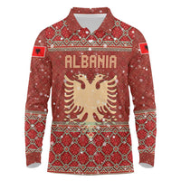 Albania Christmas Long Sleeve Polo Shirt with Red Geometric Design, Golden Double-Headed Eagle, and Santa Motif - Wonder Print Shop