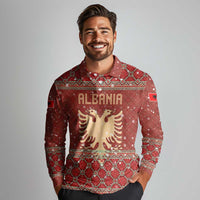 Albania Christmas Long Sleeve Polo Shirt with Red Geometric Design, Golden Double-Headed Eagle, and Santa Motif - Wonder Print Shop