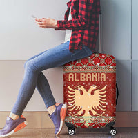 Albania Christmas Luggage Cover with Red Geometric Design, Golden Double-Headed Eagle, and Santa Motif - Wonder Print Shop