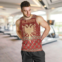 Albania Christmas Men Tank Top with Red Geometric Design, Golden Double-Headed Eagle, and Santa Motif - Wonder Print Shop