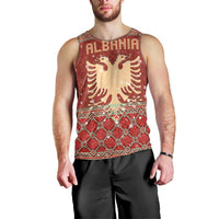 Albania Christmas Men Tank Top with Red Geometric Design, Golden Double-Headed Eagle, and Santa Motif - Wonder Print Shop